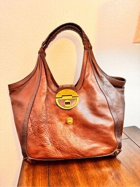 Elliott Lucca Warm Cognac Leather Braided-Handle Tote